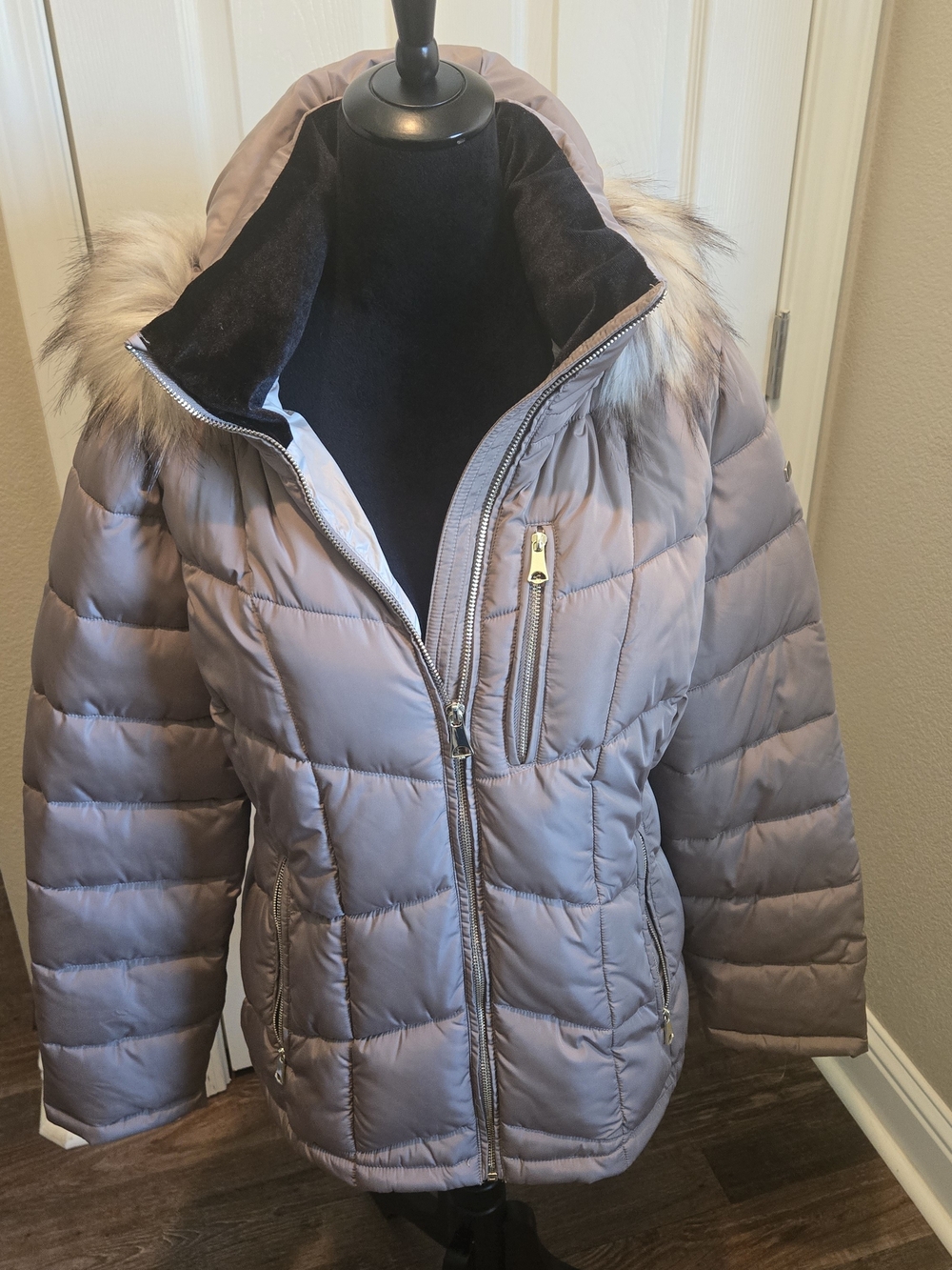 Marc New York Taupe Quilted Ski Jacket with Faux Fur Hood